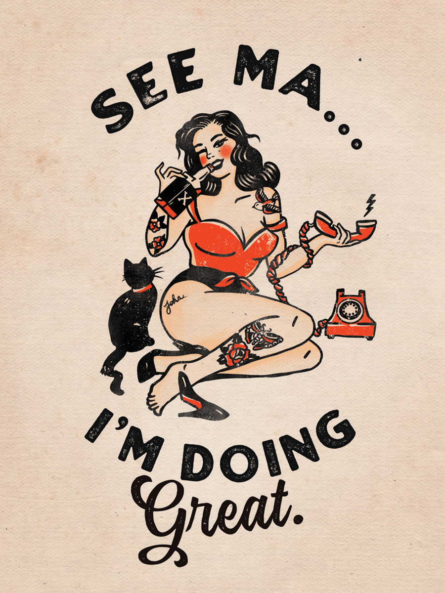 Poster mit einer Frau im Vintage-Stil, Katze und zerbrochenem Telefon, Text "See ma...I'm doing great".