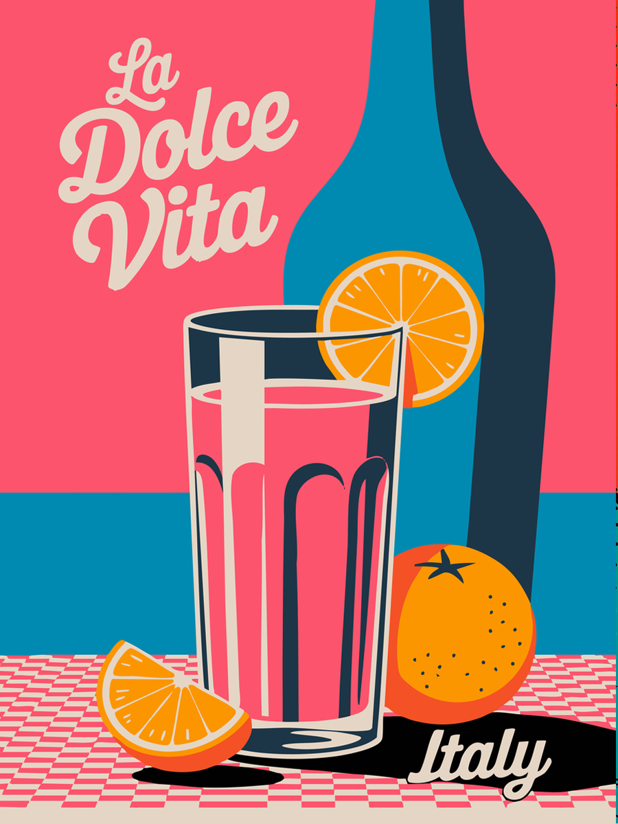 Illustration eines Cocktails mit Orangen, einer Flasche und dem Text La Dolce Vita Italy in leuchtenden Farben.