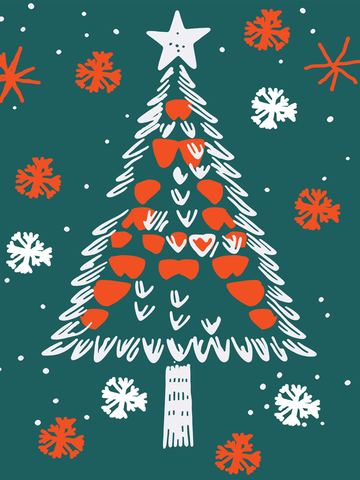 Illustration eines geschmückten Weihnachtsbaums mit Stern, Schleifen und Schneeflocken auf dunkelgrünem Hintergrund.