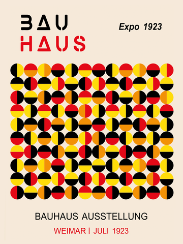 Grafisches Poster mit Kreisen in Rot, Gelb und Schwarz auf beigem Hintergrund, mit dem Text "Bauhaus" oben und "Bauhaus Ausstellung" unten.