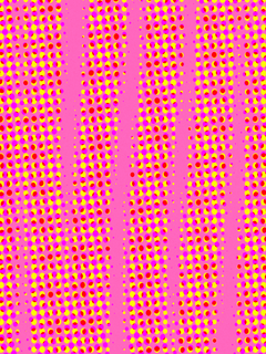 Ein Muster aus bunten Punkten in Gelb, Rosa und Rot auf einem pinken Hintergrund.