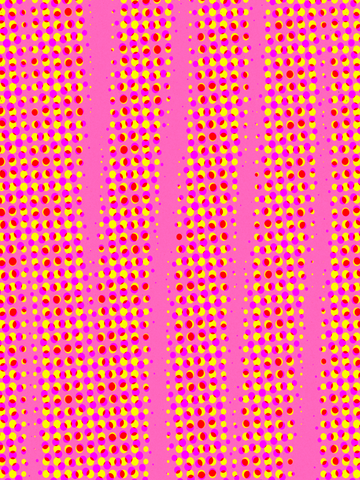 Ein Muster aus bunten Punkten in Gelb, Rosa und Rot auf einem pinken Hintergrund.