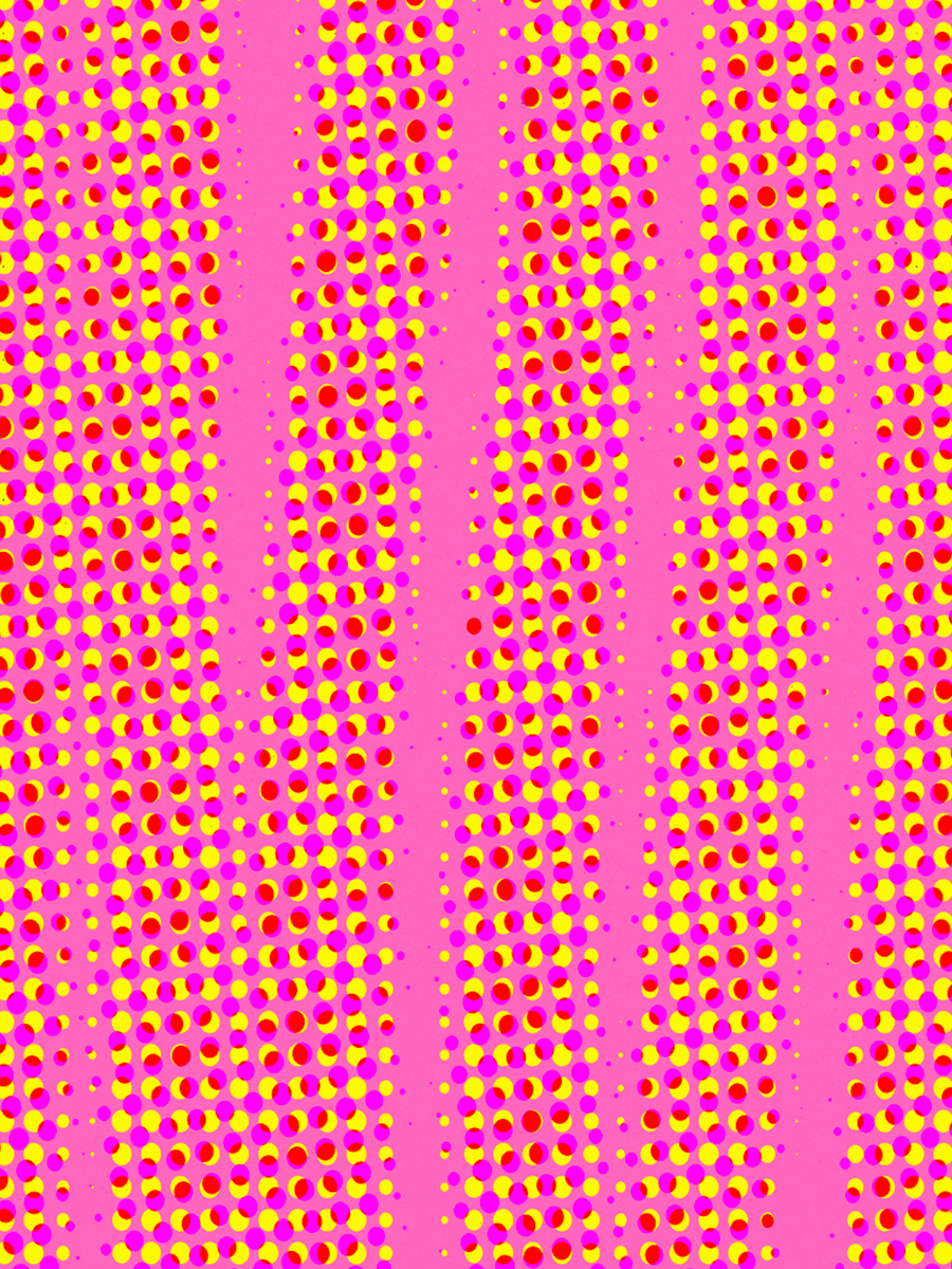 Ein Muster aus bunten Punkten in Gelb, Rosa und Rot auf einem pinken Hintergrund.