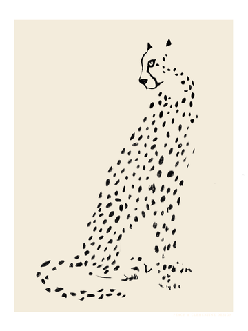 Illustration eines gepunkteten Leoparden in Schwarz auf beigem Hintergrund.