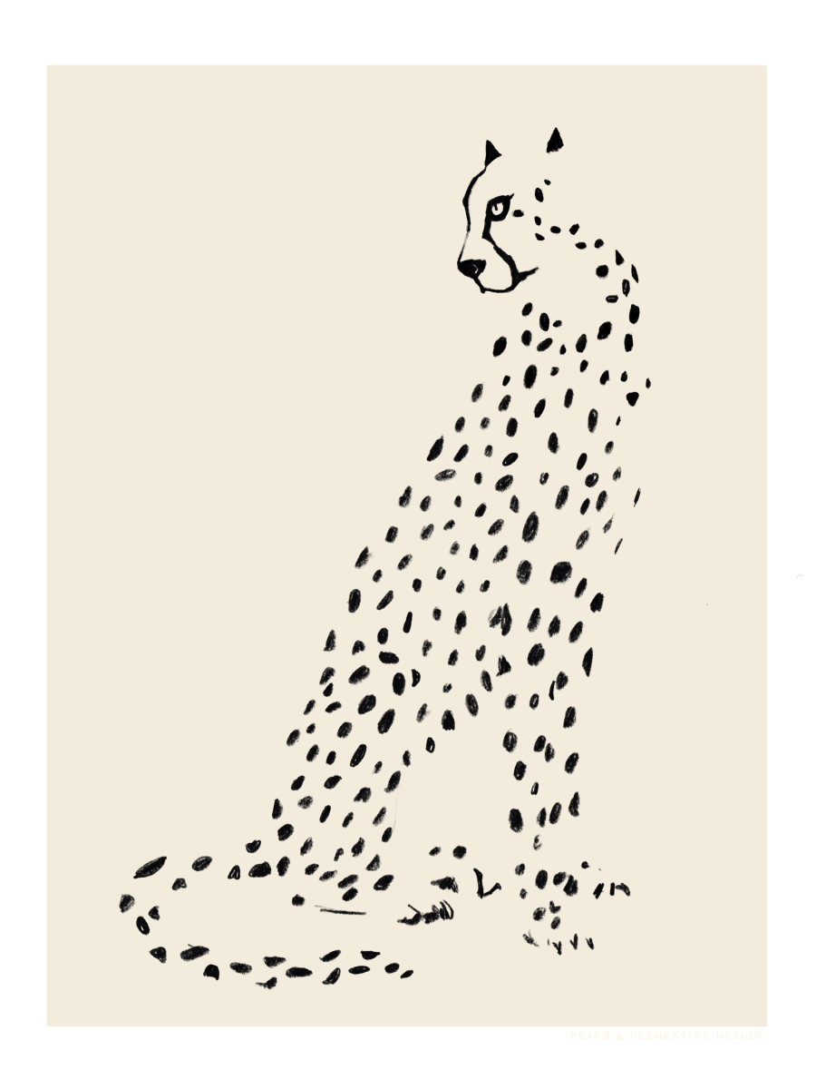 Illustration eines gepunkteten Leoparden in Schwarz auf beigem Hintergrund.