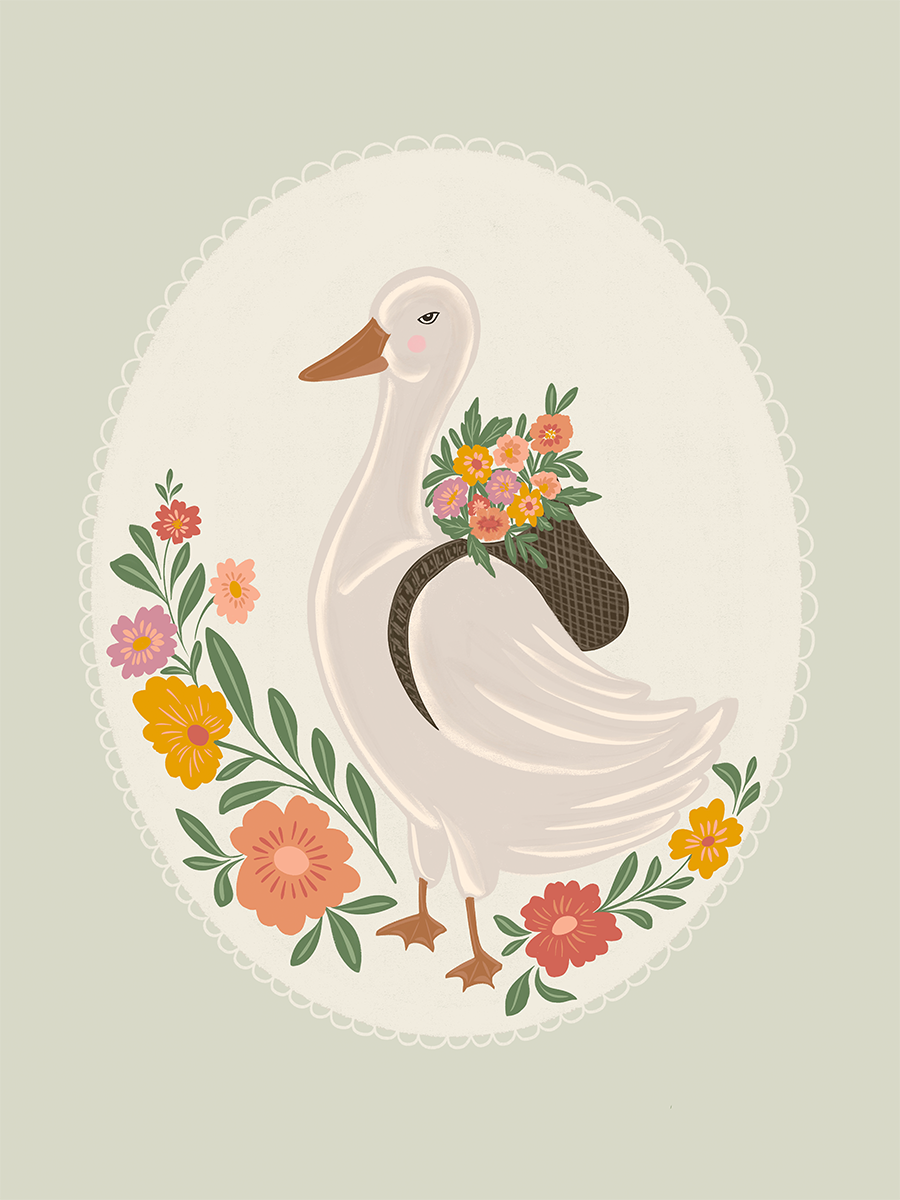 Illustration einer Ente mit einer Tasche voller Blumen auf einem hellgrünen Hintergrund.