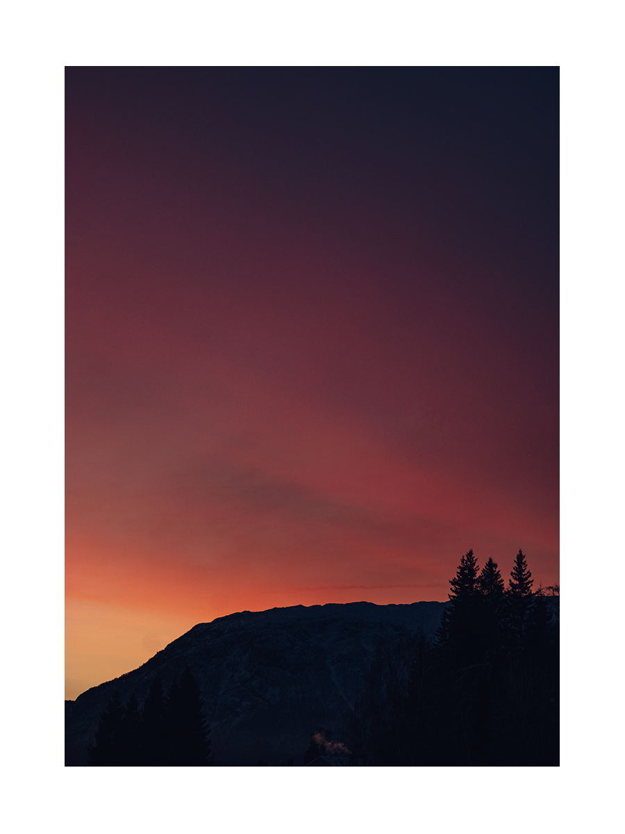 Fotografie von einem Berg und Bäumen vor einem rot-schwarzen Himmel bei Dämmerung.