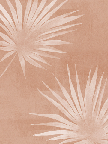 Illustration von hellrosa Palmenblättern auf einem staubigen rosa Hintergrund.