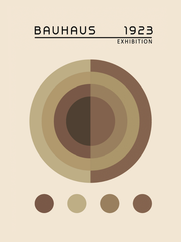 Grafik mit Kreisen in Braun und Beige auf hellbeigem Hintergrund mit dem Text "Bauhaus Exhibition 1923".