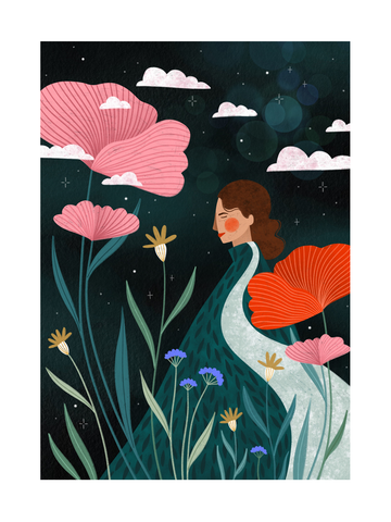 Illustration einer Frau inmitten bunter Blumen mit Sternen und Wolken am Himmel.