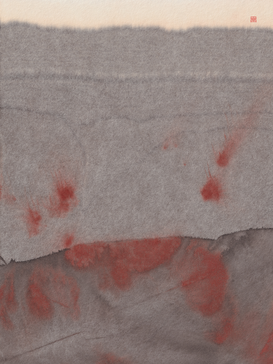 Abstraktes Poster mit grauen und roten Farbtönen.