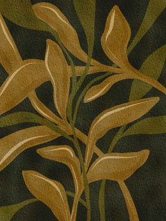 Illustration von Blättern in Beige und Grün auf dunkelgrünem Hintergrund.