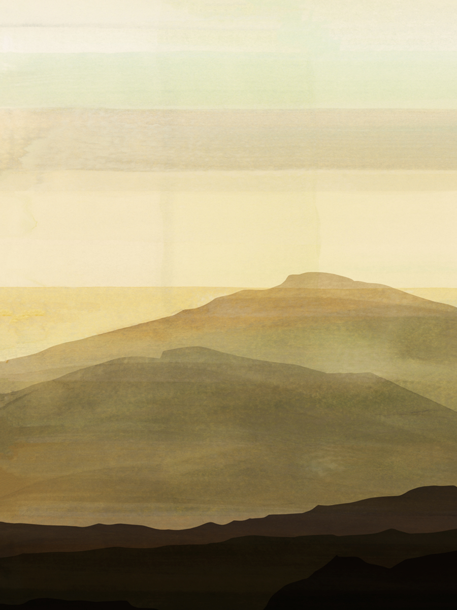 Aquarell-Illustration von Bergen in erdigen Tönen mit hellem Himmel.