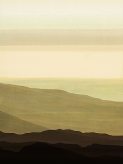 Grafische Illustration von Bergen in Grün- und Brauntönen mit hellem Himmel.