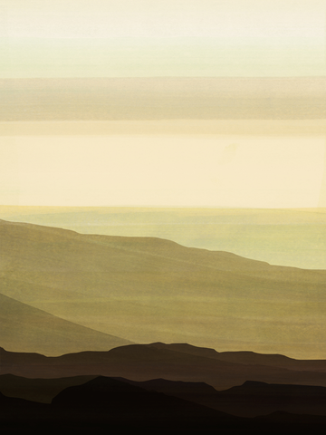 Grafische Illustration von Bergen in Grün- und Brauntönen mit hellem Himmel.