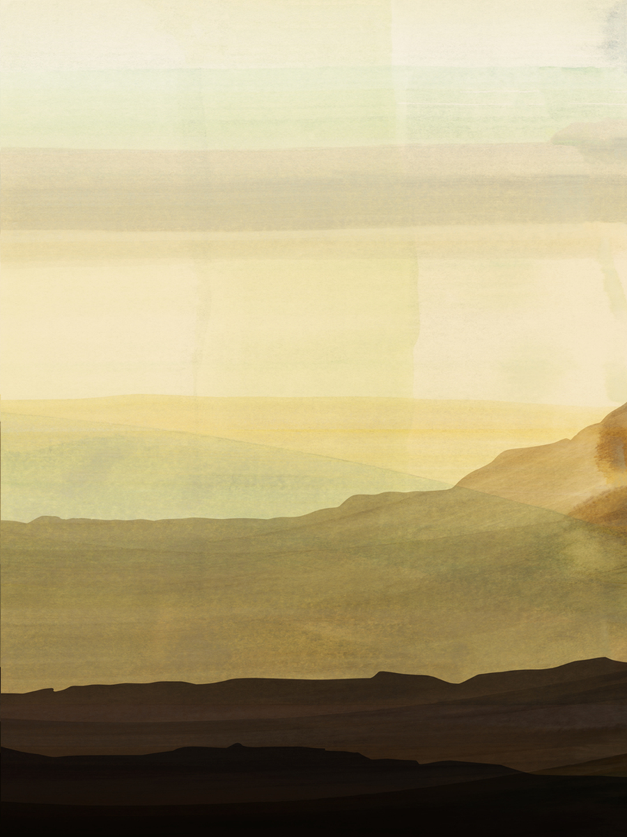 Abstrakte Darstellung eines Sonnenuntergangs in Gelb- und Brauntönen.