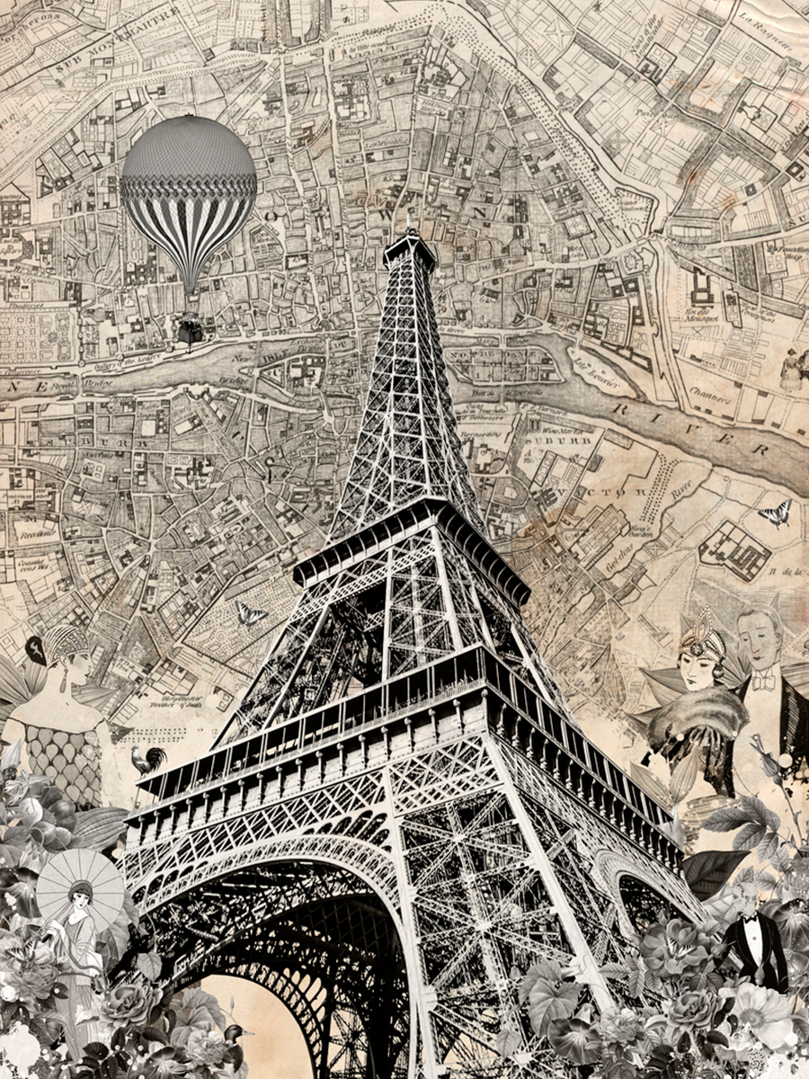 Collage mit Eiffelturm, Landkarte, Heißluftballons, Blumen und Schmetterlingen.