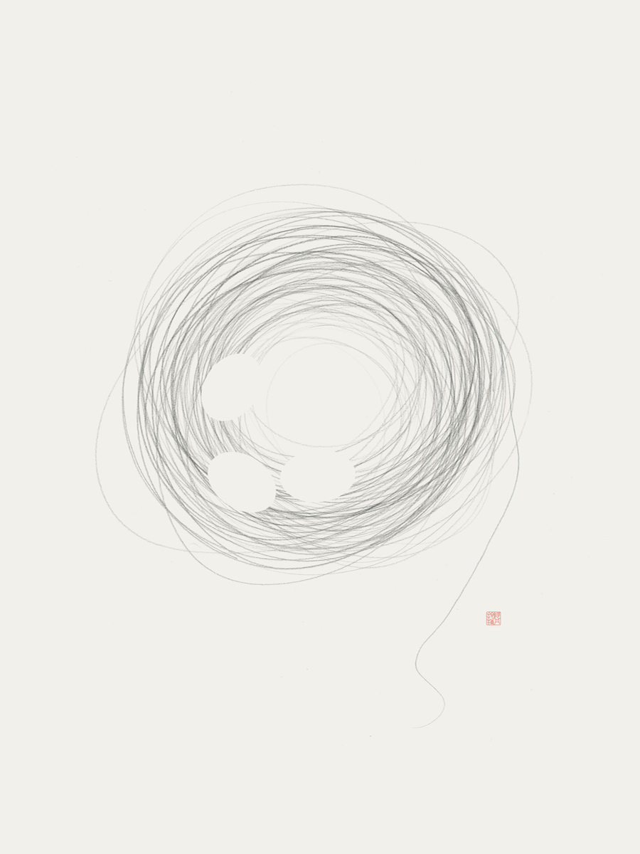 Minimalistisches Poster eines Vogelnests mit drei Eiern in monochromen Linien.