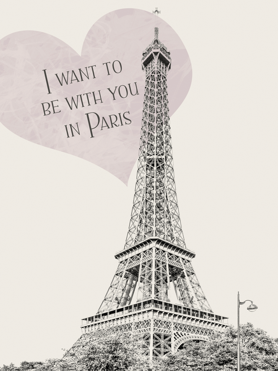 Schwarz-weiß-Fotografie des Eiffelturms mit rosa Herz und Text "I want to be with you in Paris".