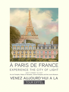 Poster mit dem Eiffelturm vor einem bunten Himmel und Pariser Gebäuden.