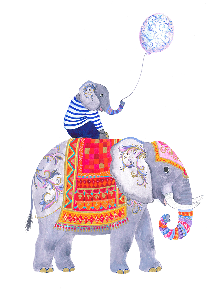 Ein kleiner Elefant mit Ballon reitet auf einem großen Elefanten mit bunter Decke.