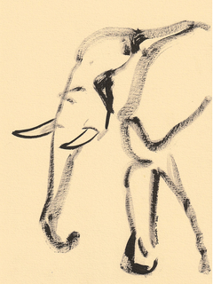 Strichzeichnung eines Elefanten in Schwarz auf beigem Hintergrund.