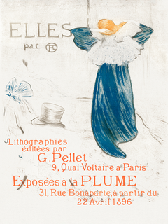 Vintage-Poster mit einer Frau in einem blauen Kleid und typografischen Elementen.