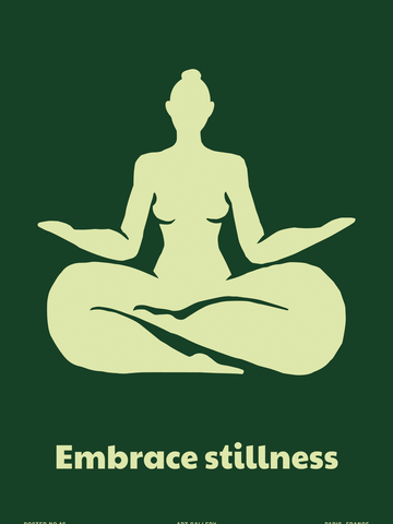 Grafische Illustration einer Figur in Meditationshaltung mit dem Text "Embrace stillness" auf dunklem grünen Hintergrund.