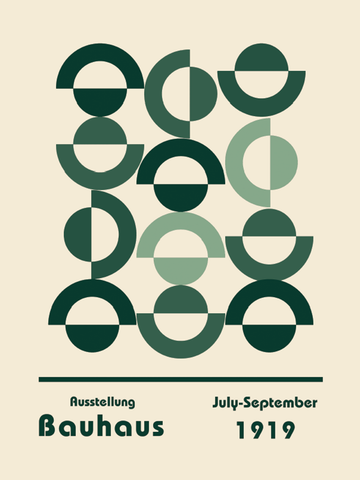 Grafische Illustration mit grünen Kreisen und Halbkreisen auf beigem Hintergrund, Text "Ausstellung Bauhaus July-September 1919".