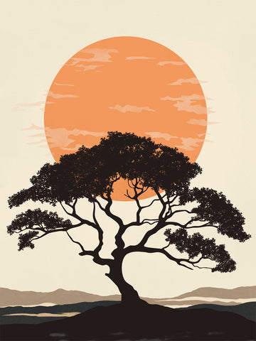 Grafische Illustration eines Bonsai-Baumes vor einer orangefarbenen Sonne mit beigem Hintergrund.