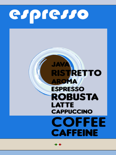 Grafische Illustration einer Espressotasse von oben mit verschiedenen Kaffeesorten in schwarzer Schrift auf blauem Hintergrund.