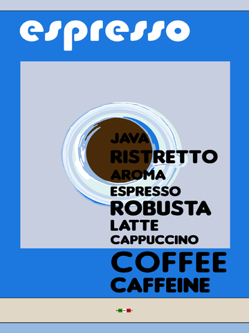 Grafische Illustration einer Espressotasse von oben mit verschiedenen Kaffeesorten in schwarzer Schrift auf blauem Hintergrund.