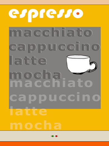 Grafische Illustration einer Espressotasse mit Text auf grauem Hintergrund und gelbem Rand.