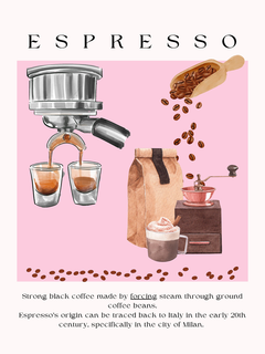 Illustration von Espressotassen, Kaffeebohnen und einer Espressomaschine auf rosa Hintergrund mit Text zur Geschichte des Espressos.
