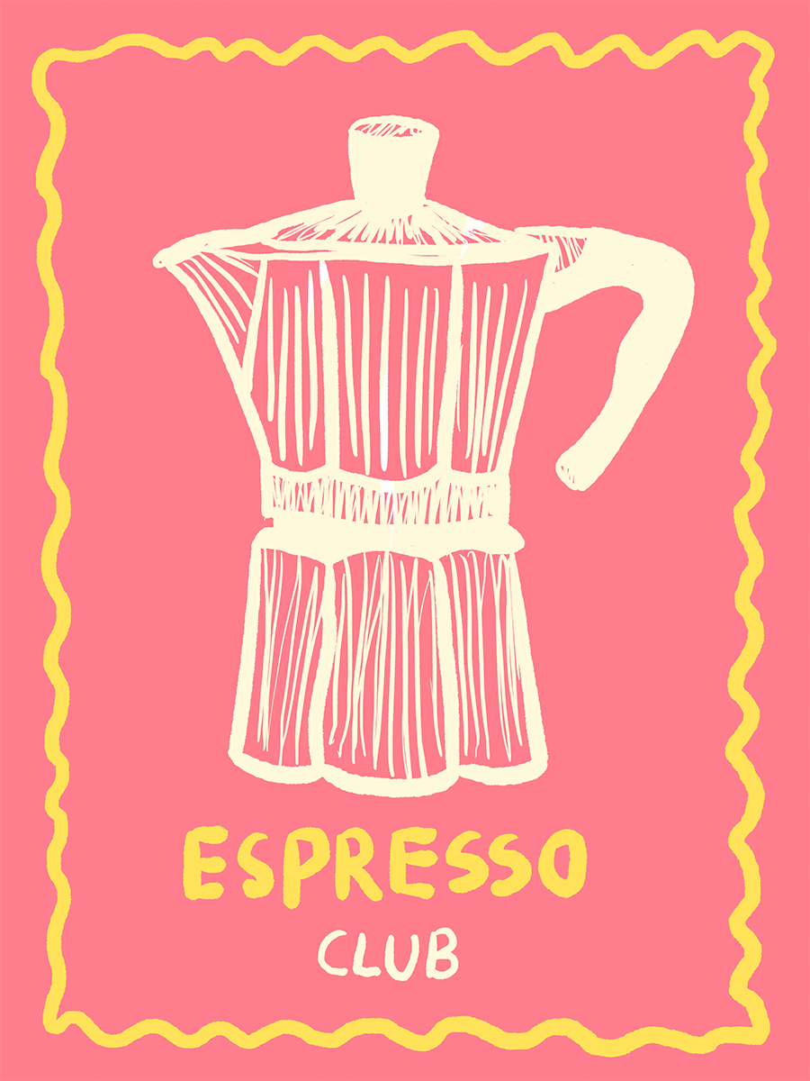 Illustration einer Espressokanne auf rosa Hintergrund mit dem Text "Espresso Club".