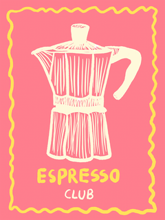 Illustration einer Espressokanne auf rosa Hintergrund mit dem Text "Espresso Club".