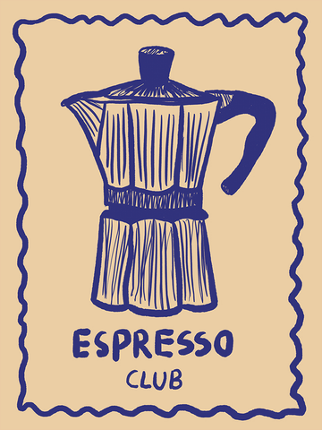 Illustration einer blauen Espressomaschine mit dem Text "Espresso Club" auf beigem Hintergrund.