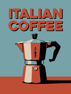 Poster mit roter Kaffeemaschine und dem Text "Italian Coffee" auf blauem Hintergrund.