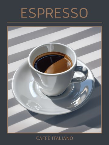 Poster mit einer Tasse Espresso auf einem gestreiften Tisch und den Worten „Espresso“ und „Caffè Italiano“.