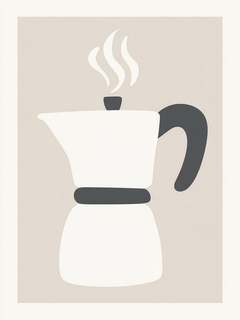 Illustration einer weißen Espressokanne mit schwarzem Griff auf hellgrauem Hintergrund.