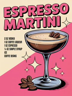 Illustration eines Espresso Martini Rezepts im Pop-Art-Stil mit cremefarbenem und pinkem Hintergrund.