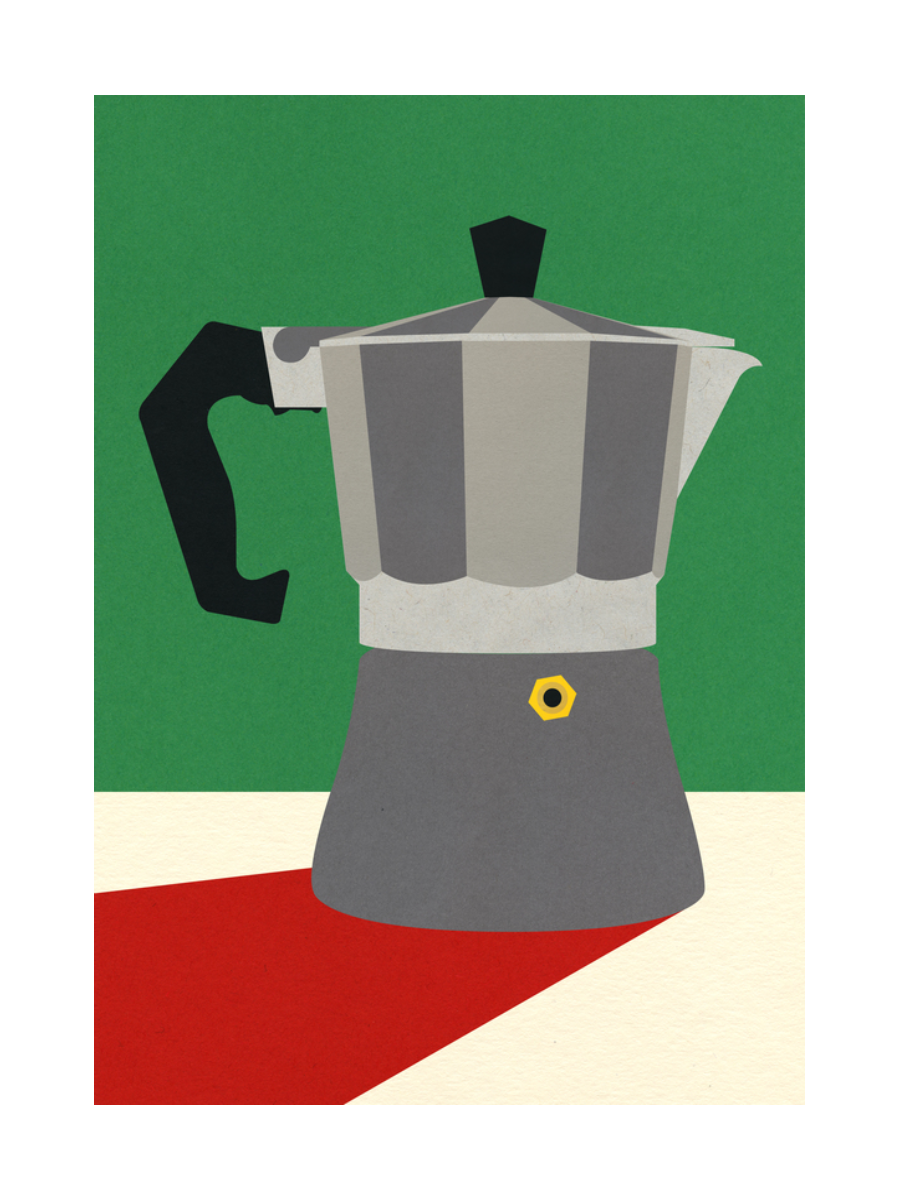 Illustration einer grauen Espressomaschine mit grünem Hintergrund.