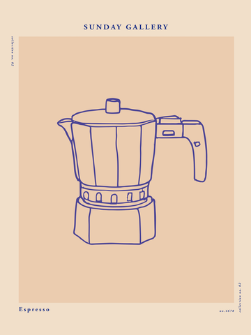 Illustration einer blauen Espressokanne auf beigem Hintergrund mit Text oben und unten.