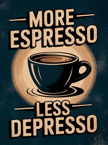 Poster mit dem Text "More Espresso, Less Depresso" und einer Kaffeetasse auf dunkelblauem Hintergrund.