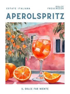 Poster mit Aperol Spritz, Orangen und einem rosa Haus im Hintergrund.