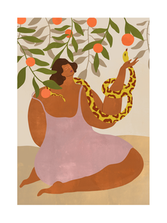Illustration einer Frau in einem rosa Kleid mit einer gelben Schlange, umgeben von grünen Blättern und orangefarbenen Früchten.