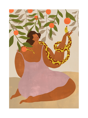 Illustration einer Frau in einem rosa Kleid mit einer gelben Schlange, umgeben von grünen Blättern und orangefarbenen Früchten.