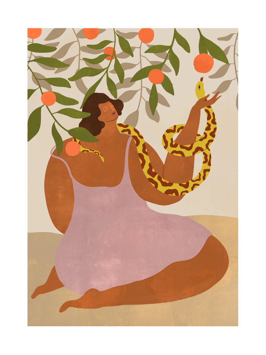 Illustration einer Frau in einem rosa Kleid mit einer gelben Schlange, umgeben von grünen Blättern und orangefarbenen Früchten.