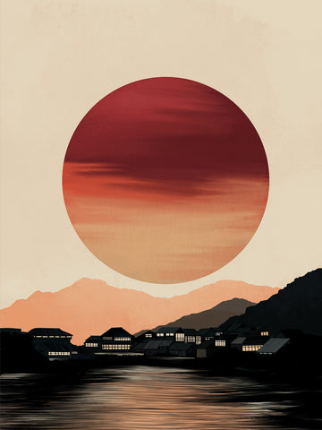 Poster eines Sonnenuntergangs in Rot und Orange mit Stadt und See vor beigem Hintergrund.