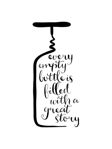 Poster mit dem Text "Every empty bottle is filled with a great story" in Form einer Weinflasche.